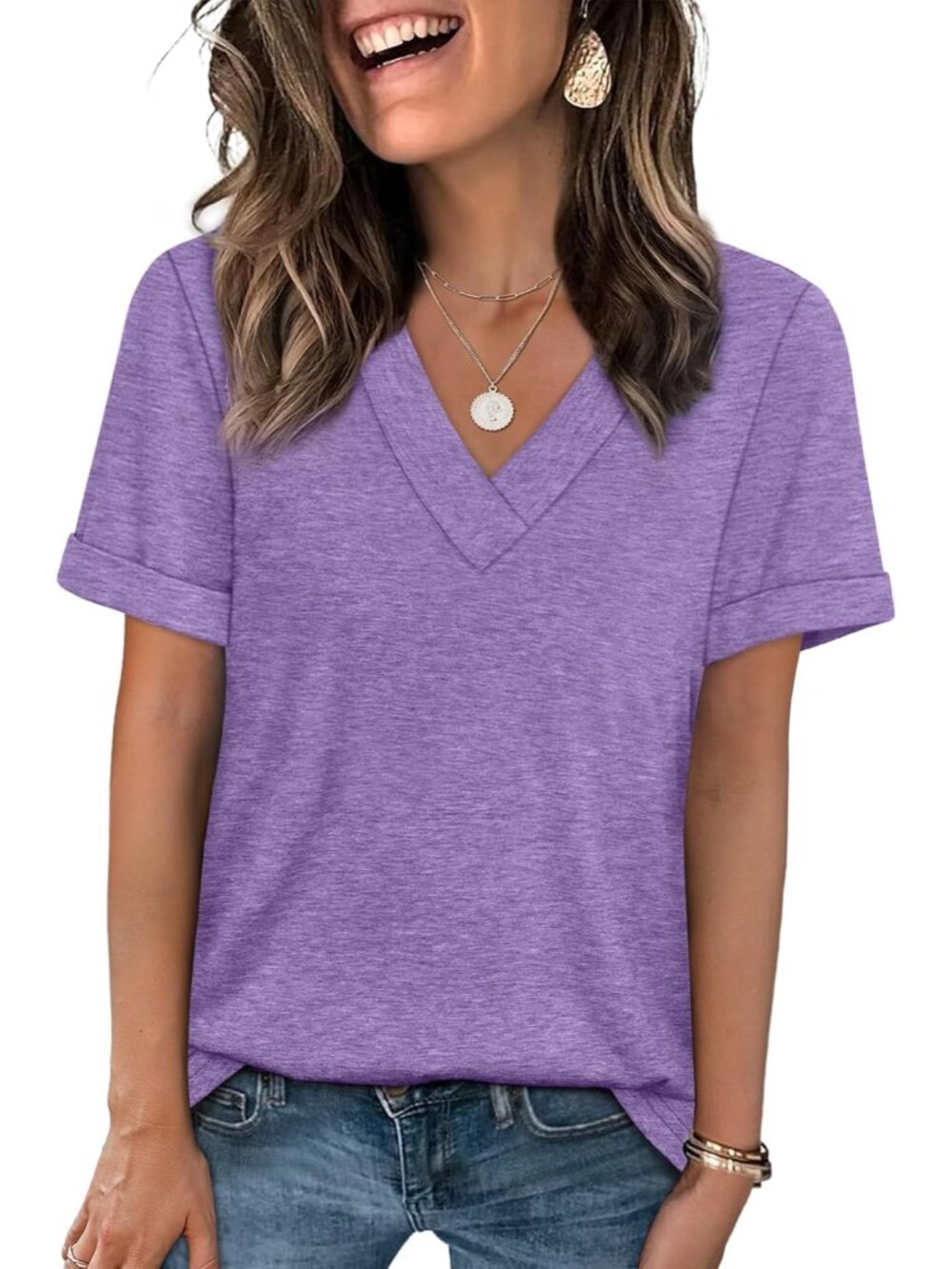 🆕Women's Purple Summer Tops Short Sleeve Basic Casual V Neck T Shirts Trendy